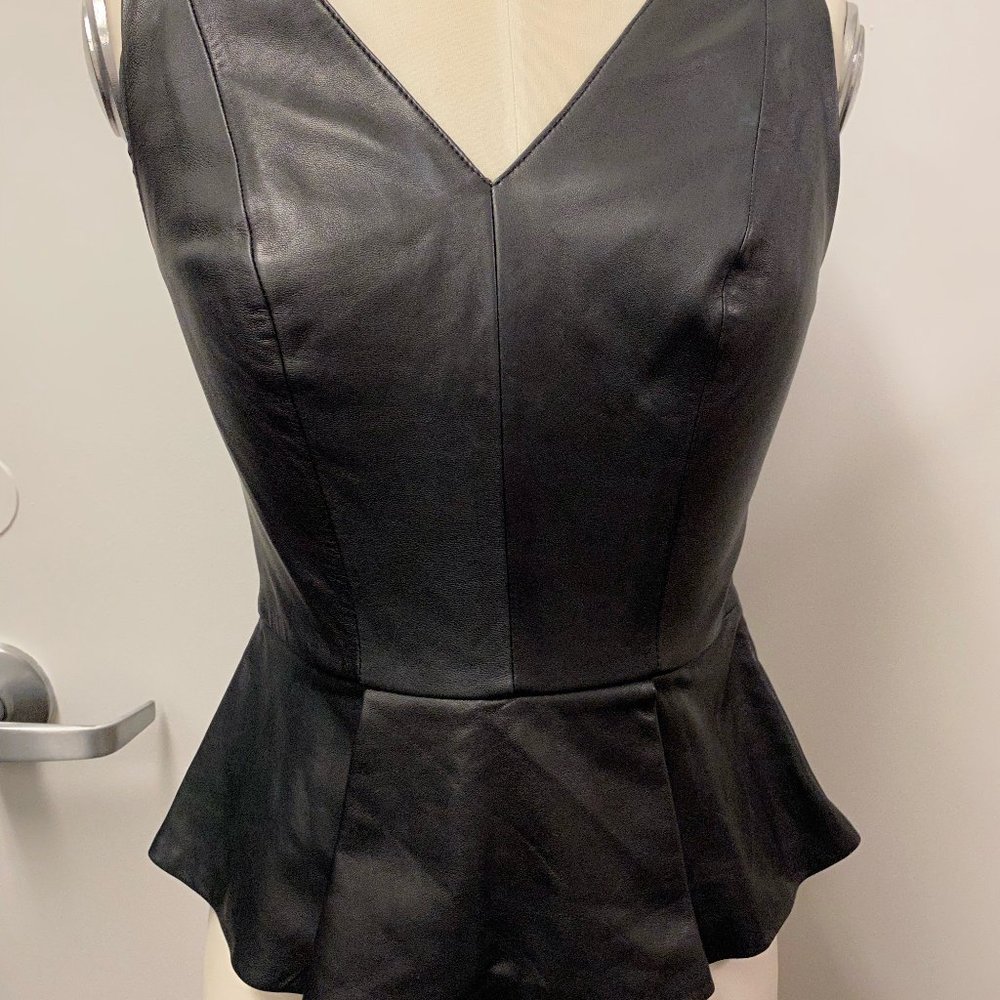 ROBERT RODRIGUEZ SLEEVELESS V NECK PEPLUM LEATHER TOP - Picture 1 of 8
